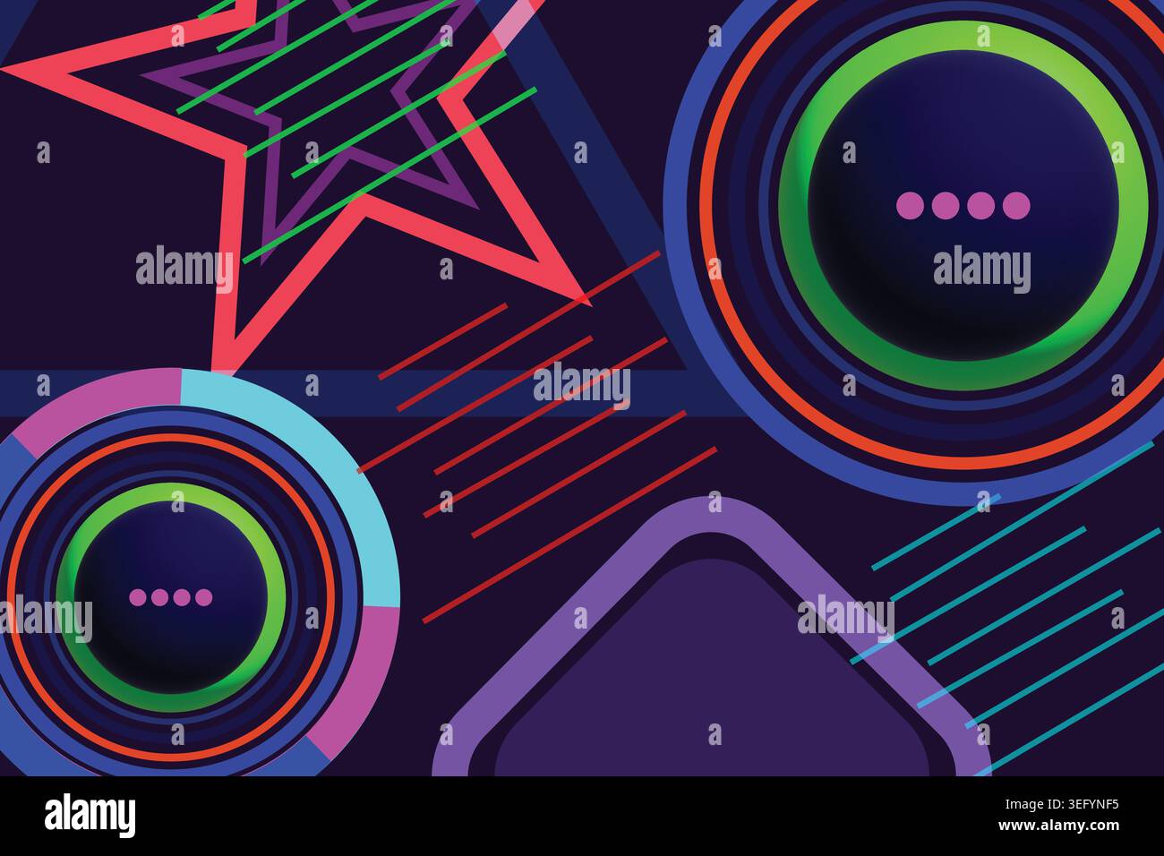 Vibrant abstract design with neon shapes and colorful lines on dark background Stock Vector
