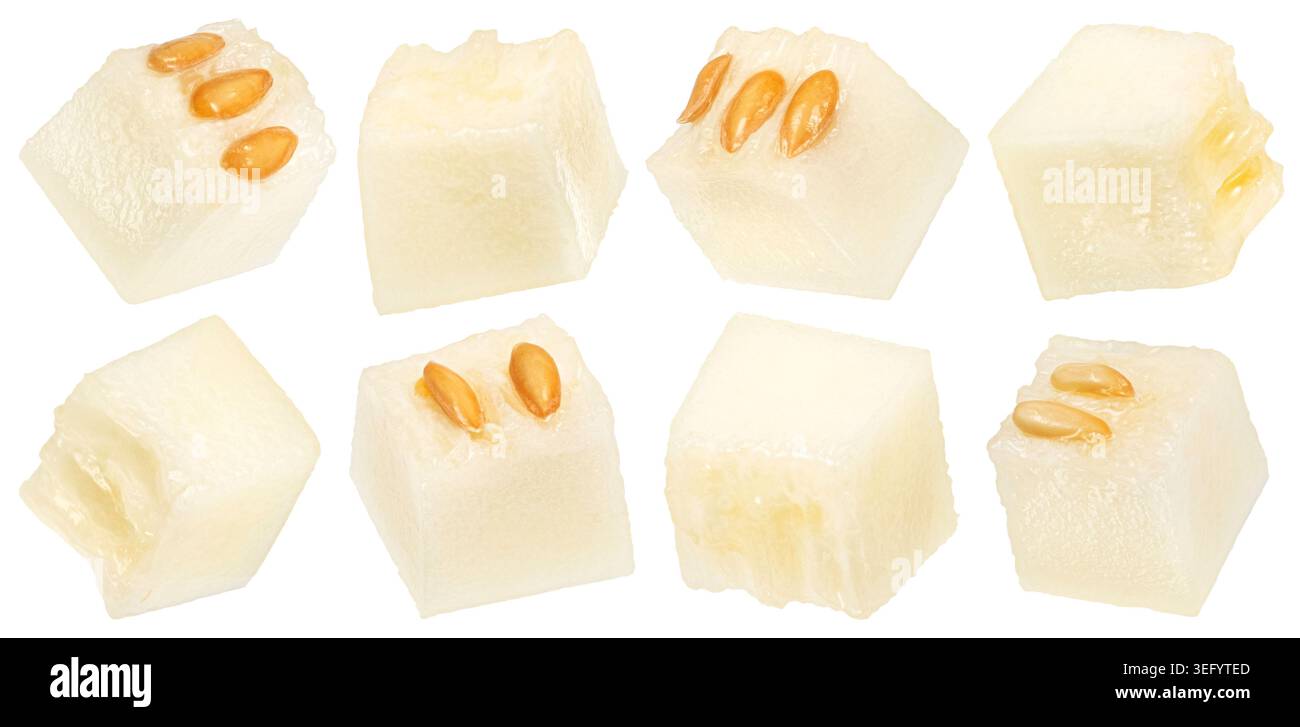 Sweet melon pulp cubes isolated on white background with clipping path Stock Photo