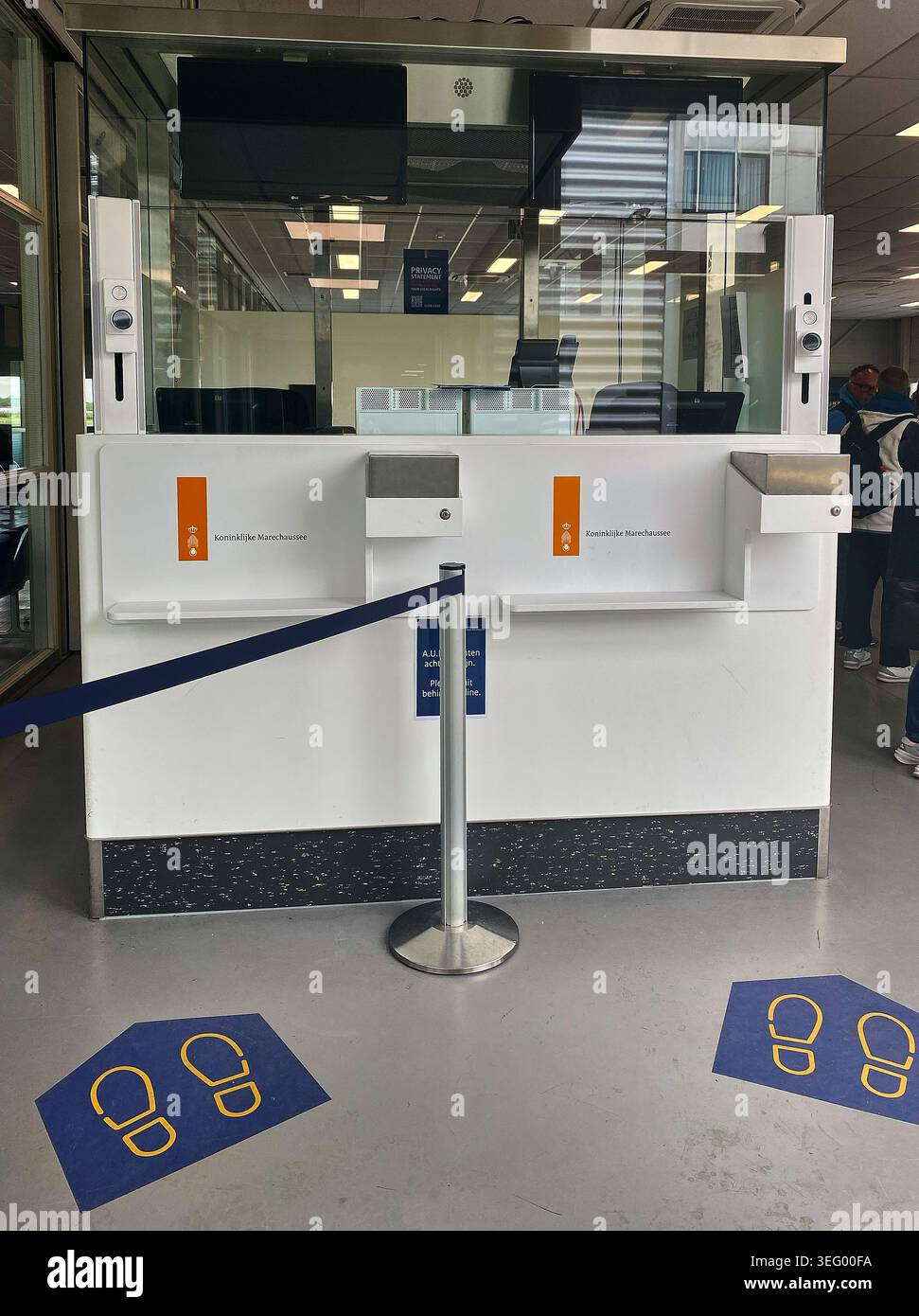 Maastricht, Netherlands - May 12, 2026: Border control point featuring service counters and security elements of the Royal Netherlands Military Police Stock Photo