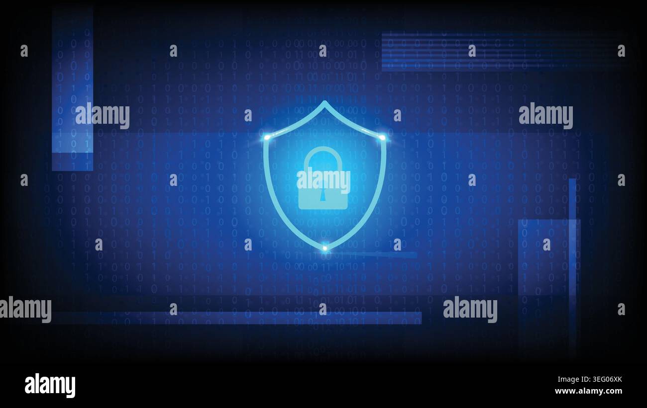 Digital security concept featuring a glowing shield and padlock over a matrix of binary code data Stock Vector