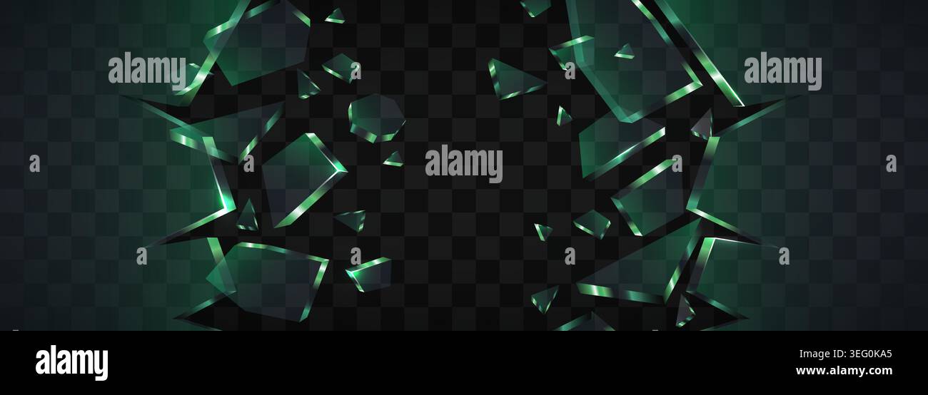 Abstract background with flying green glass shards. Shattered crystal elements design. Vector illustration. Stock Vector
