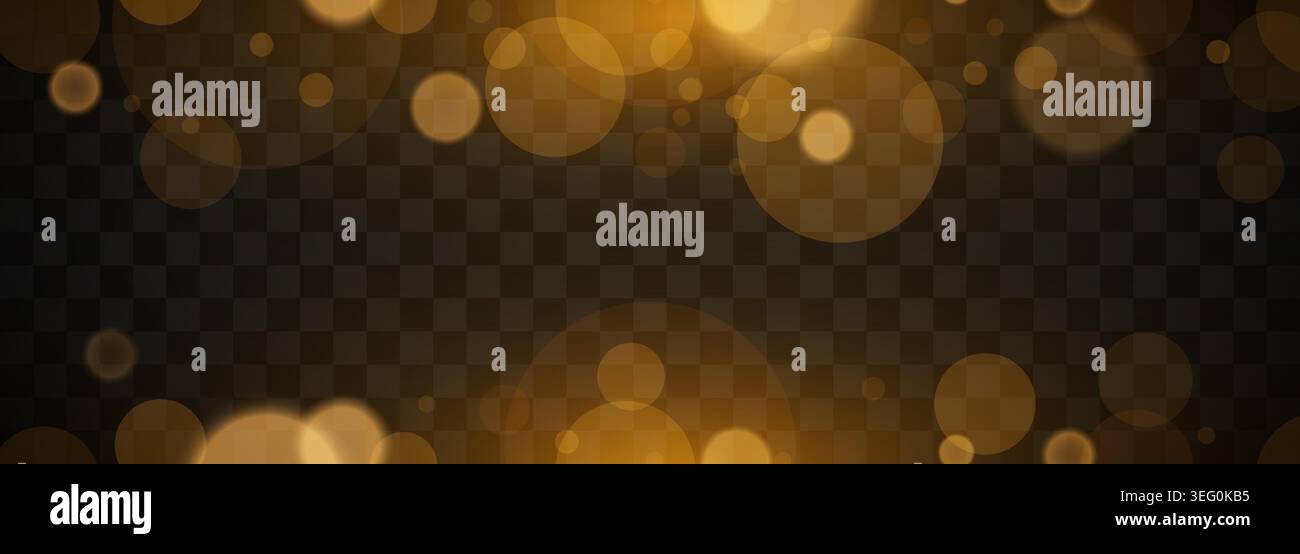Golden bokeh light particles on dark background. Abstract glowing festive overlay effect. Vector illustration Stock Vector