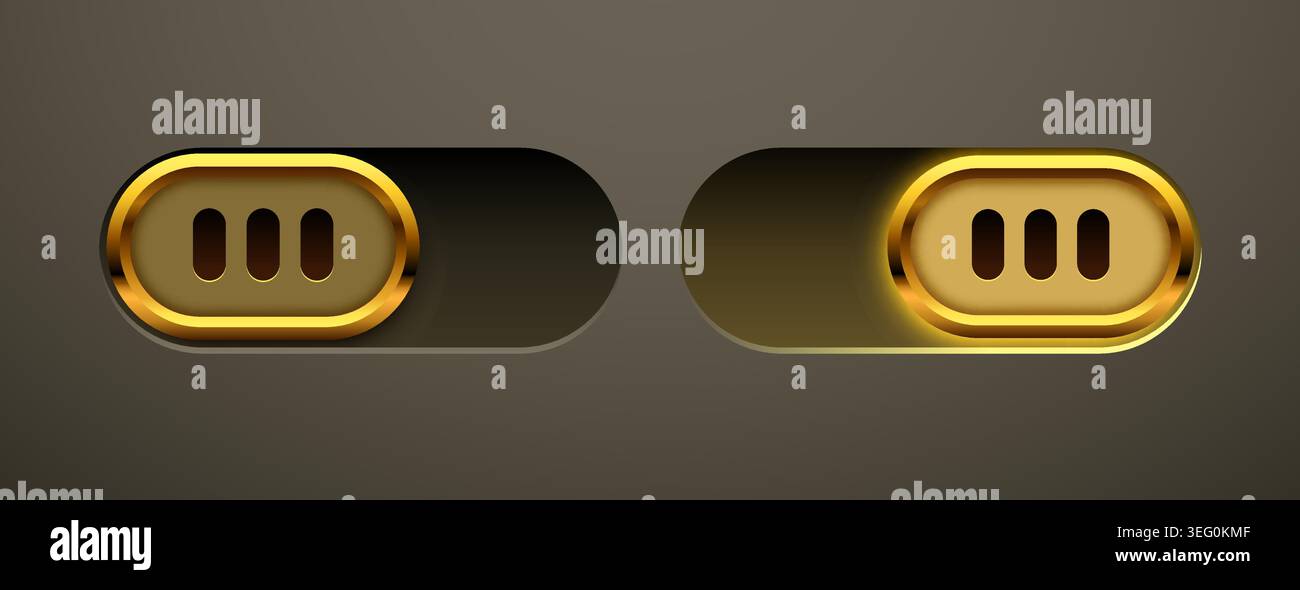 Modern golden toggle switches for user interface design. Glossy metallic button for web app. Vector illustration Stock Vector