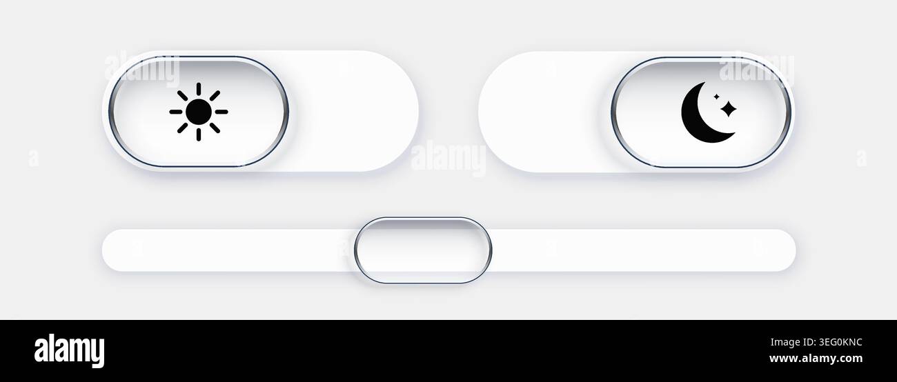 Neumorphic UI toggle switches and slider control for modern app interface design. Vector illustration Stock Vector