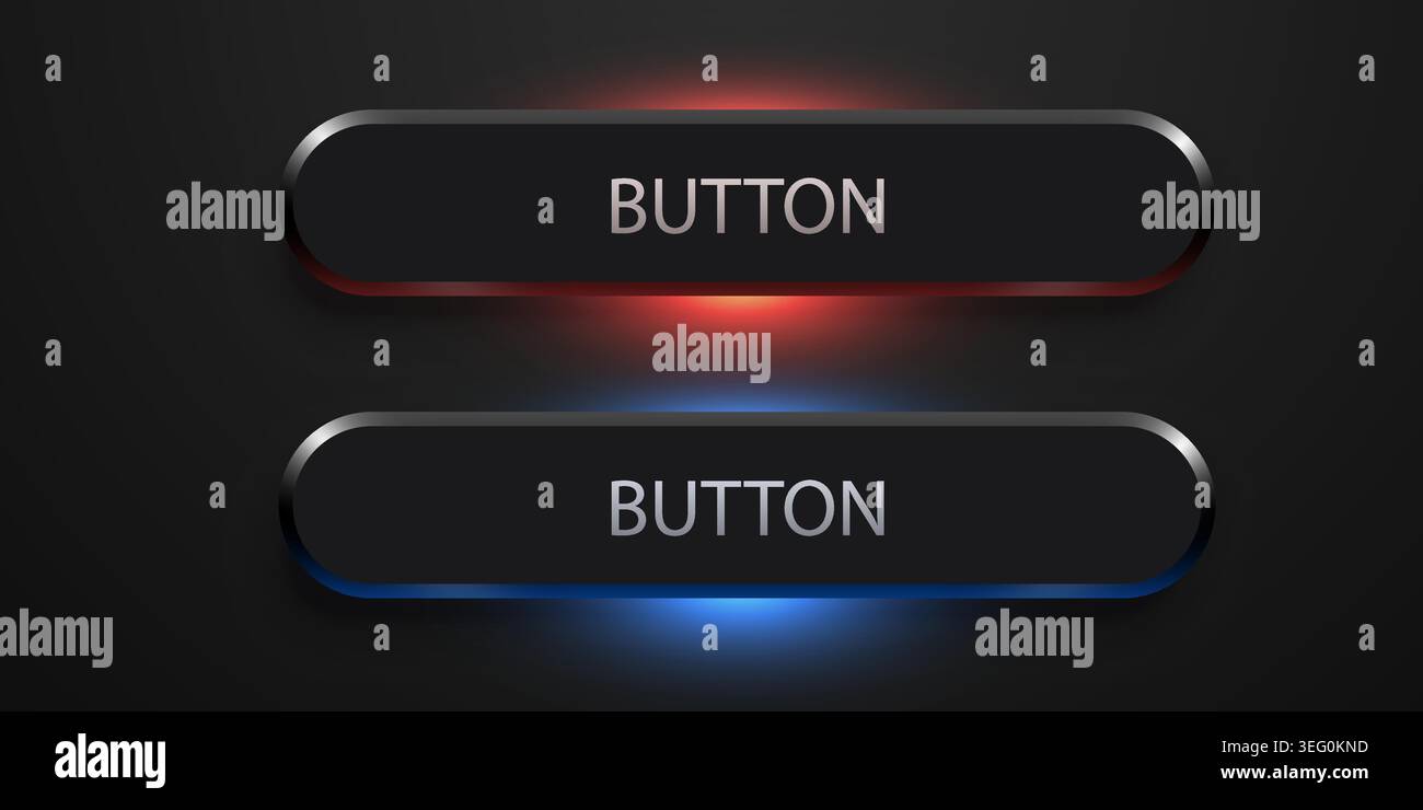 Modern dark UI buttons with glowing neon effect. Sleek web elements for interface design. Vector illustration Stock Vector