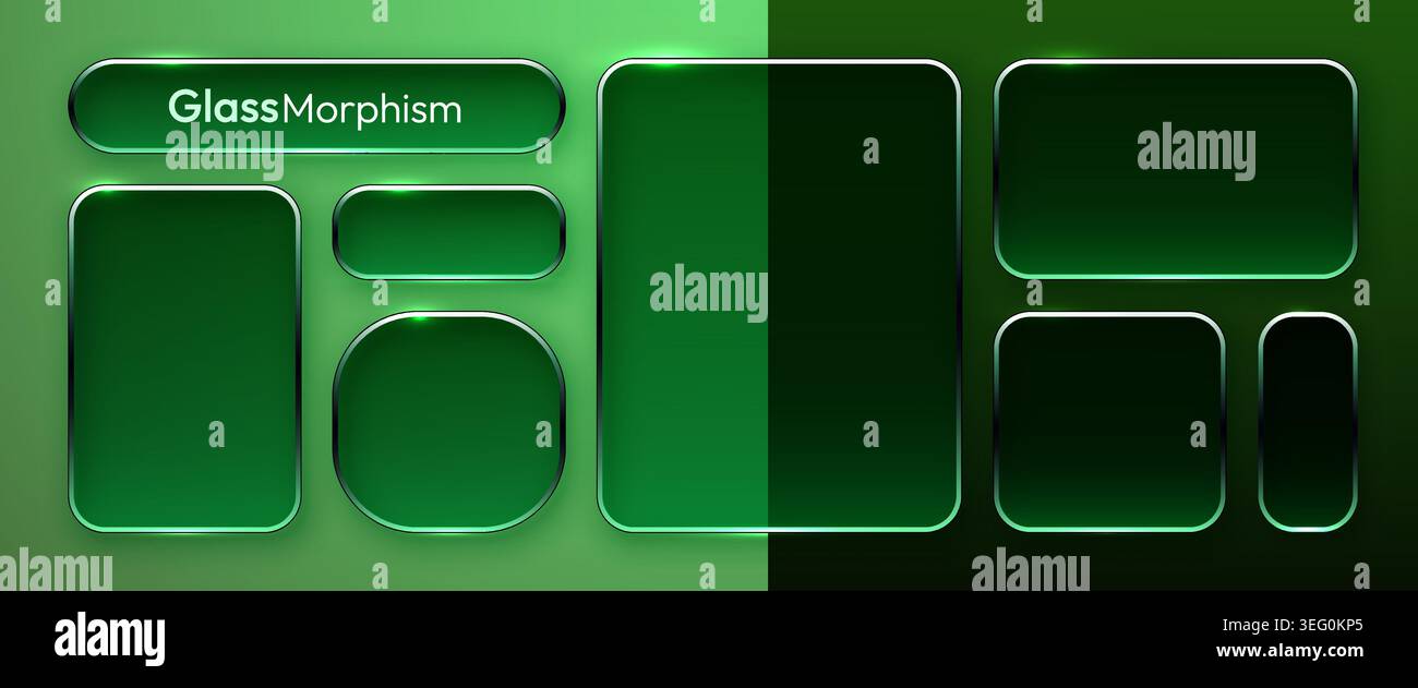 Green glassmorphism UI elements and frames for modern digital interface and web design. Vector illustration Stock Vector