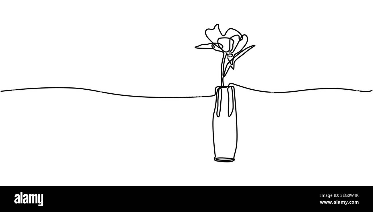 Continuous line drawing of flower in minimalist vase, black and white single line art vector illustration of home decor bloom. Stock Vector