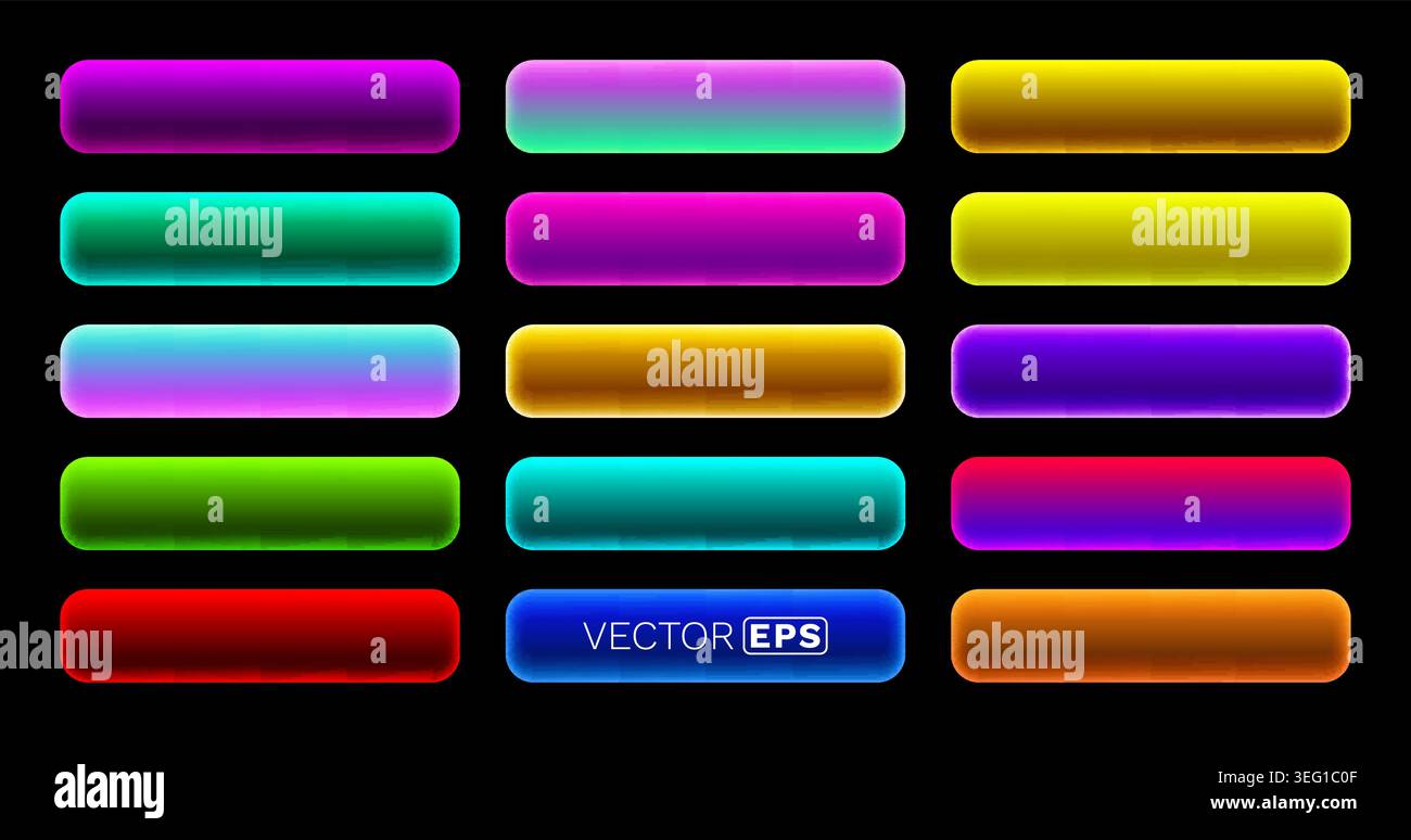 Neon gradient buttons set. Vibrant UI elements with glowing effect on a black background. Vector illustration. Stock Vector