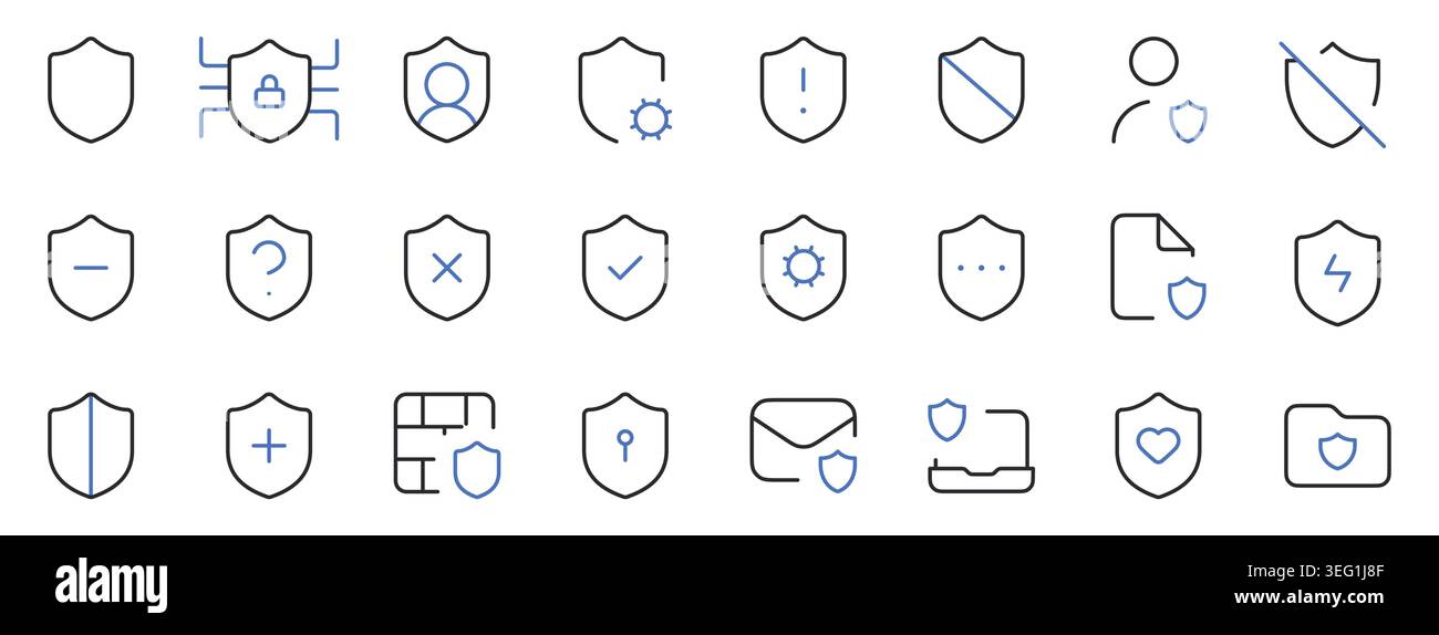 Cyber Security and Shield Protection Line Icons Set Editable Stroke Vector Illustration. Stock Vector
