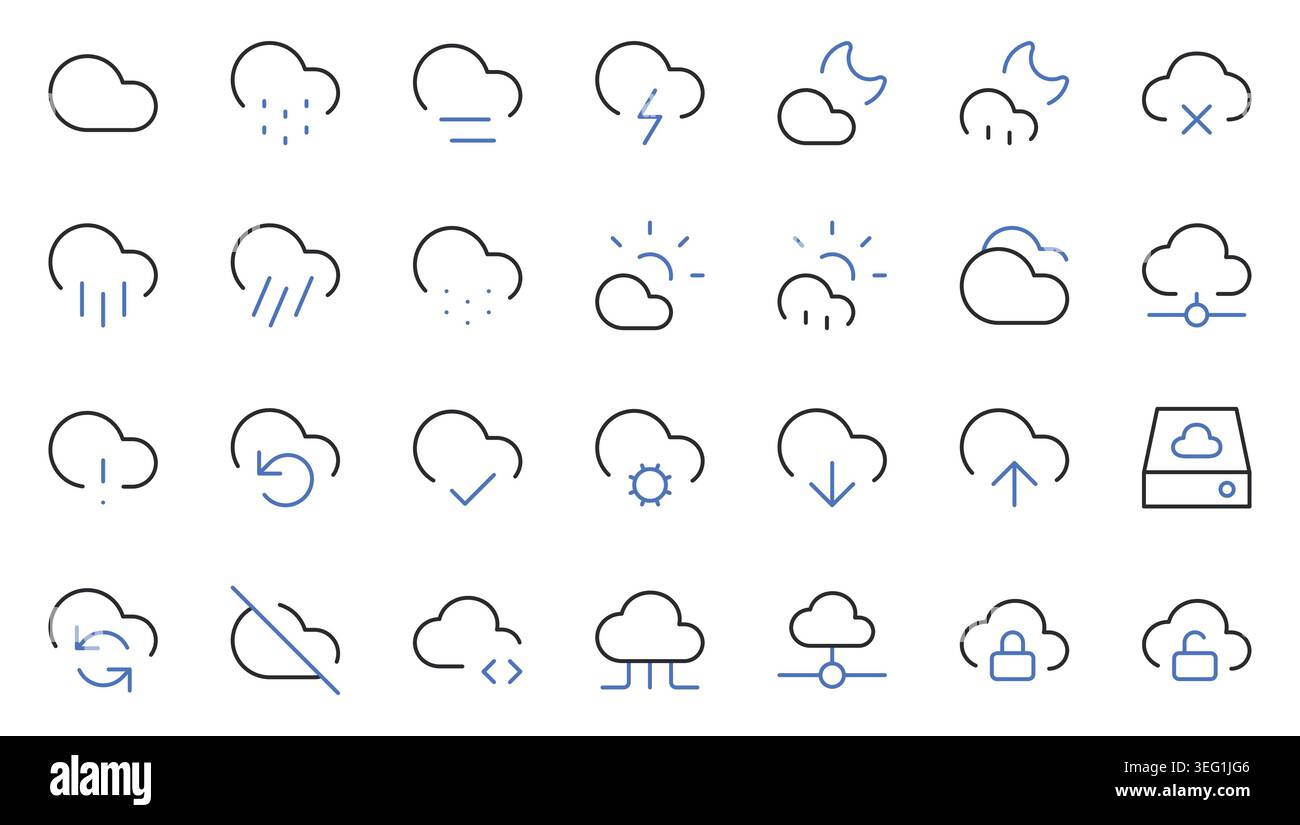 Weather and Cloud Computing Line Icons Set Editable Stroke Vector Illustration. Stock Vector