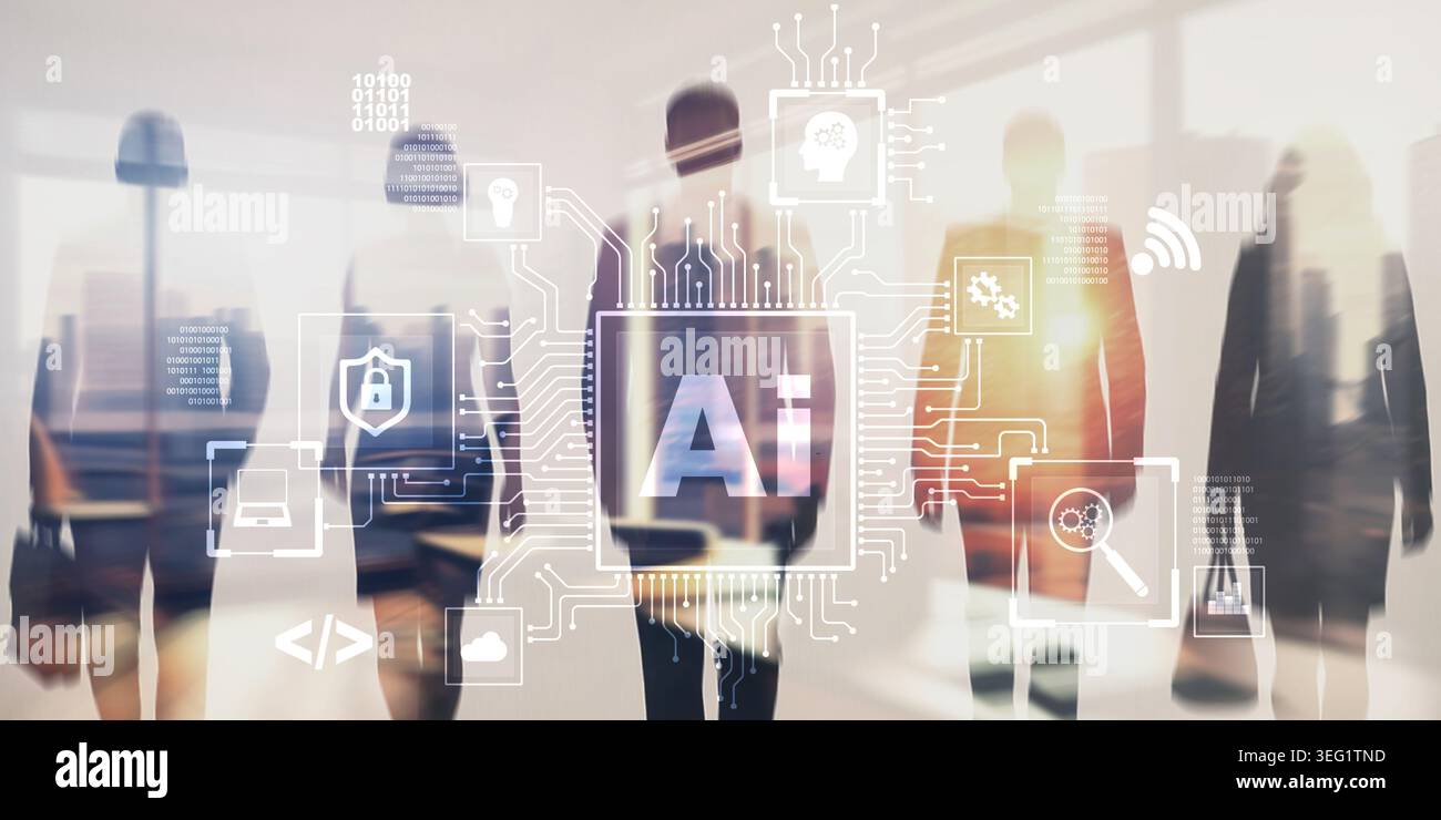 Abstract futuristic AI data processing and machine learning technology concept. Stock Photo