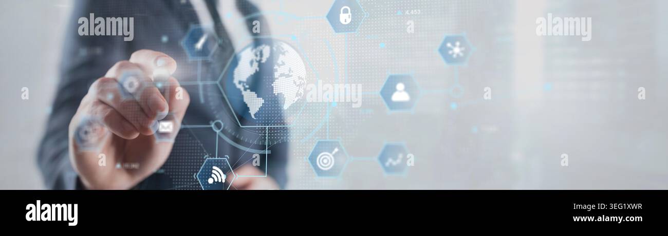Global Business Network Management with Digital Data Connections and Analytics Visualization. Stock Photo