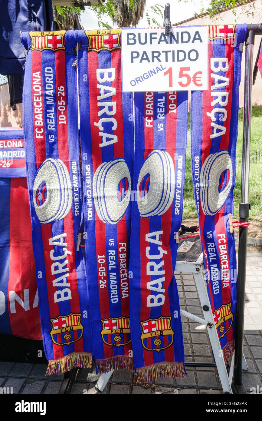 Merchandise for sale outside the nou camp hi-res stock photography