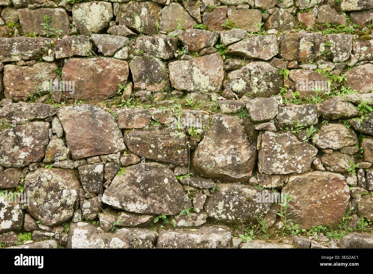 ancient dry stone wall built from rocks, irregular masonry retaining structure with gray and brown patterns, full frame background texture Stock Photo