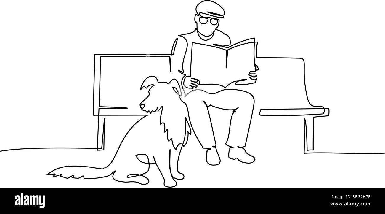 continuous single line drawing of man on bench reading a newspaper ...