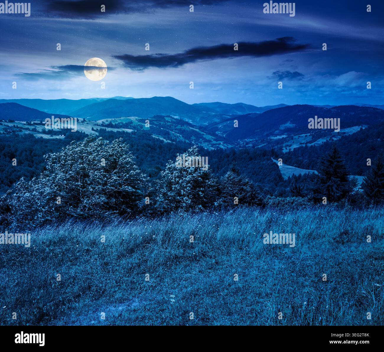 mysterious field on hillside in mountains near village at night. full moon over carpathian mountain landscape in summer. countryside view of alpine fi Stock Photo