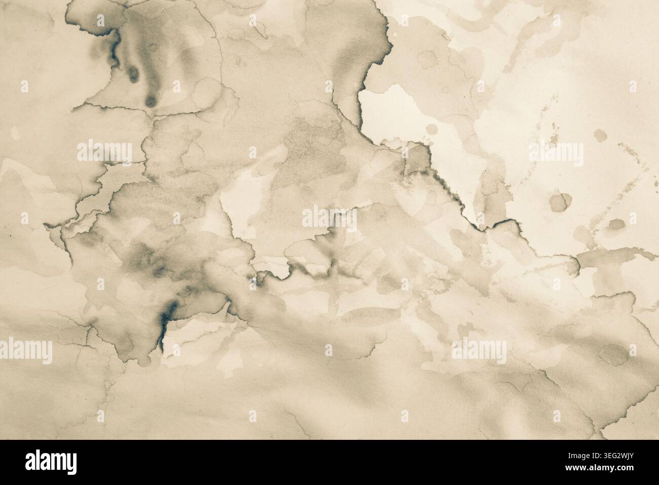 Water damaged beige paper with brown marks and coffee stains, abstract backdrop or overlay template with copy space Stock Photo
