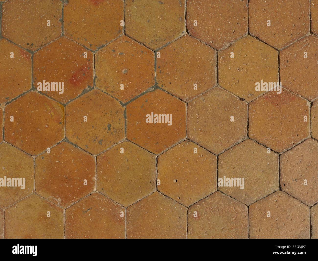 Hexagon tile floor in Palma with warm terracotta tones and visible patina. Top view with uniform structure. Copy space. Stock Photo