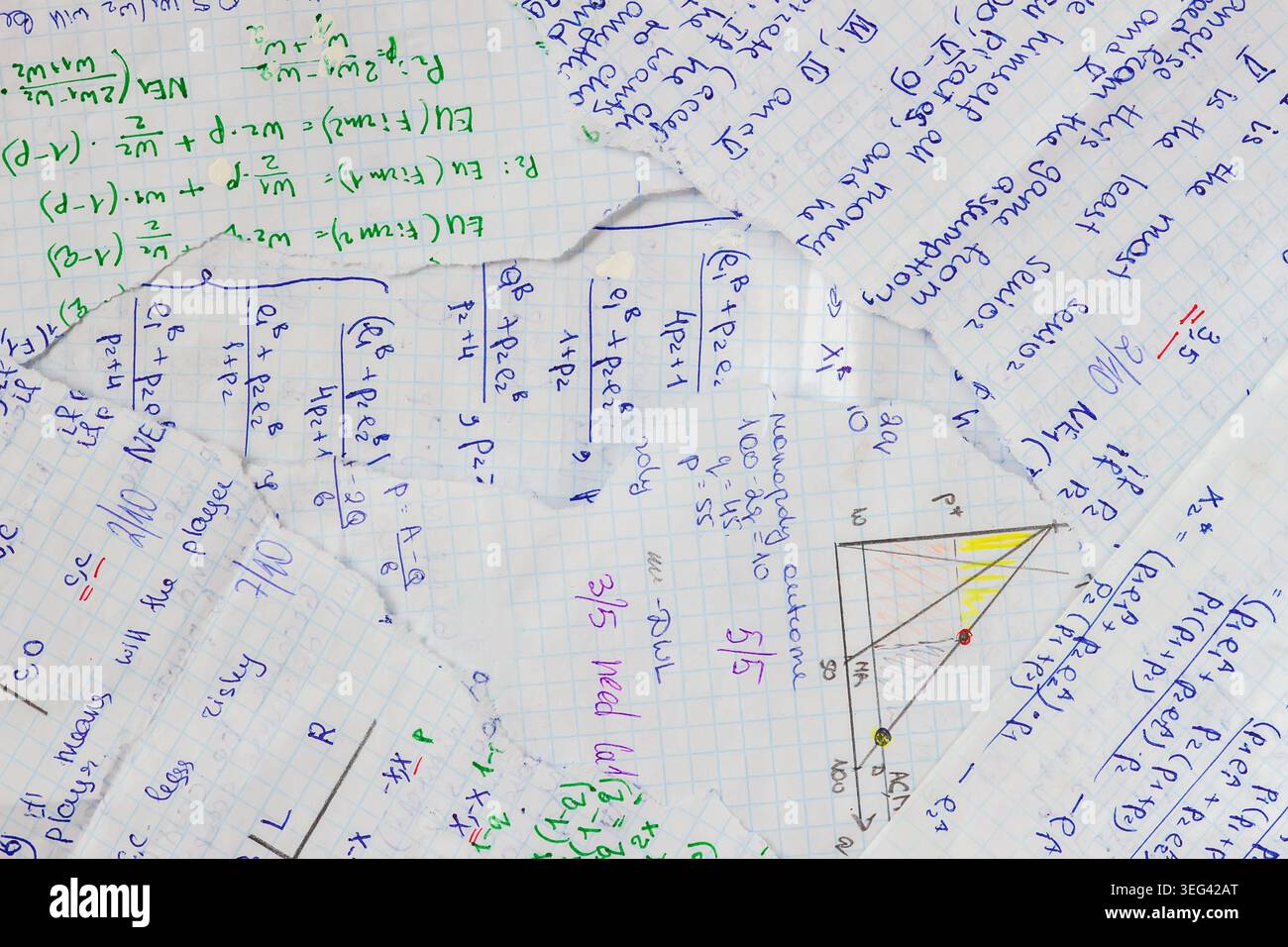Collage of torn blue graph paper scraps with handwritten mathematical ...