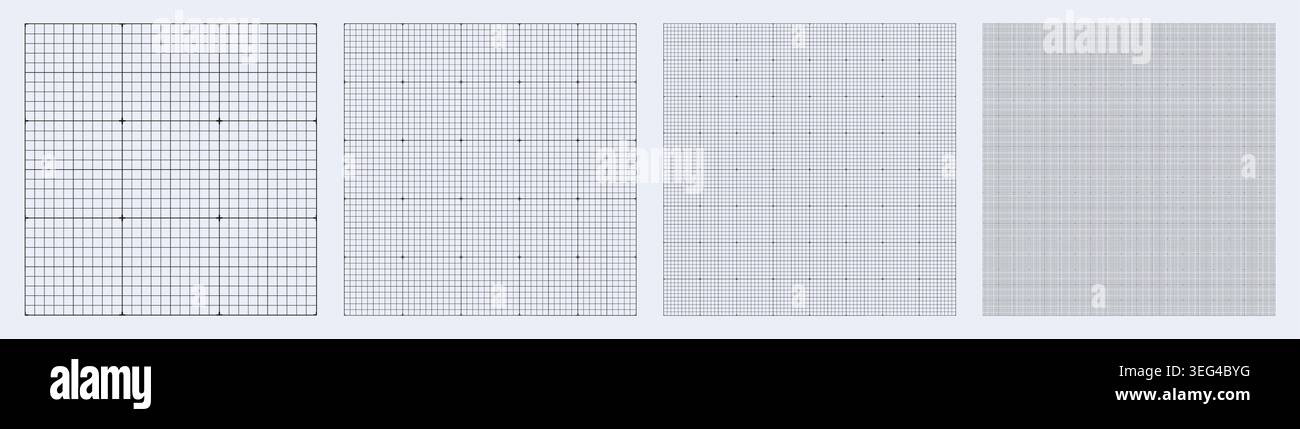 Square grid collection micro Star junction geometry, four samples blueprint style. Smooth lattice structure, interface layouts editorial compositions planning sheets dashboards technology graphics. Stock Vector