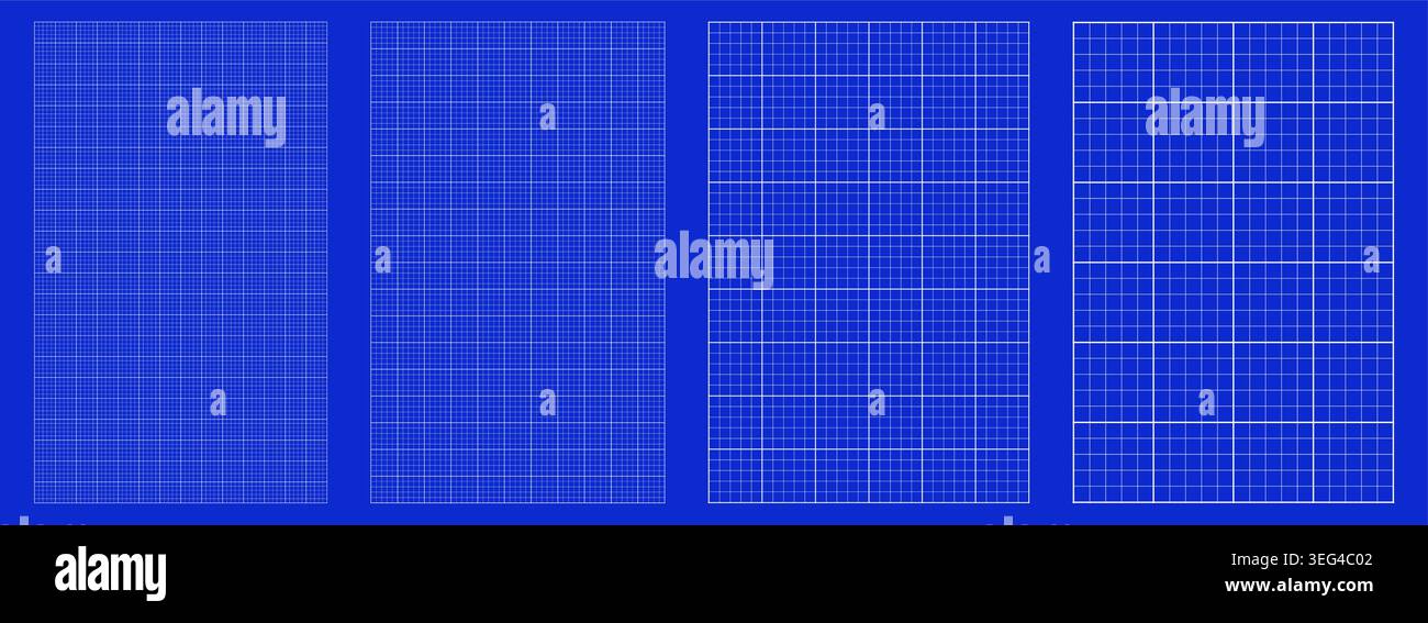 Blueprint grid set millimeter square geometry, four scale variations. Wide medium dense micro spacing comparison, engineering layouts dashboards notebook pages interface planning systems graphics. Stock Vector