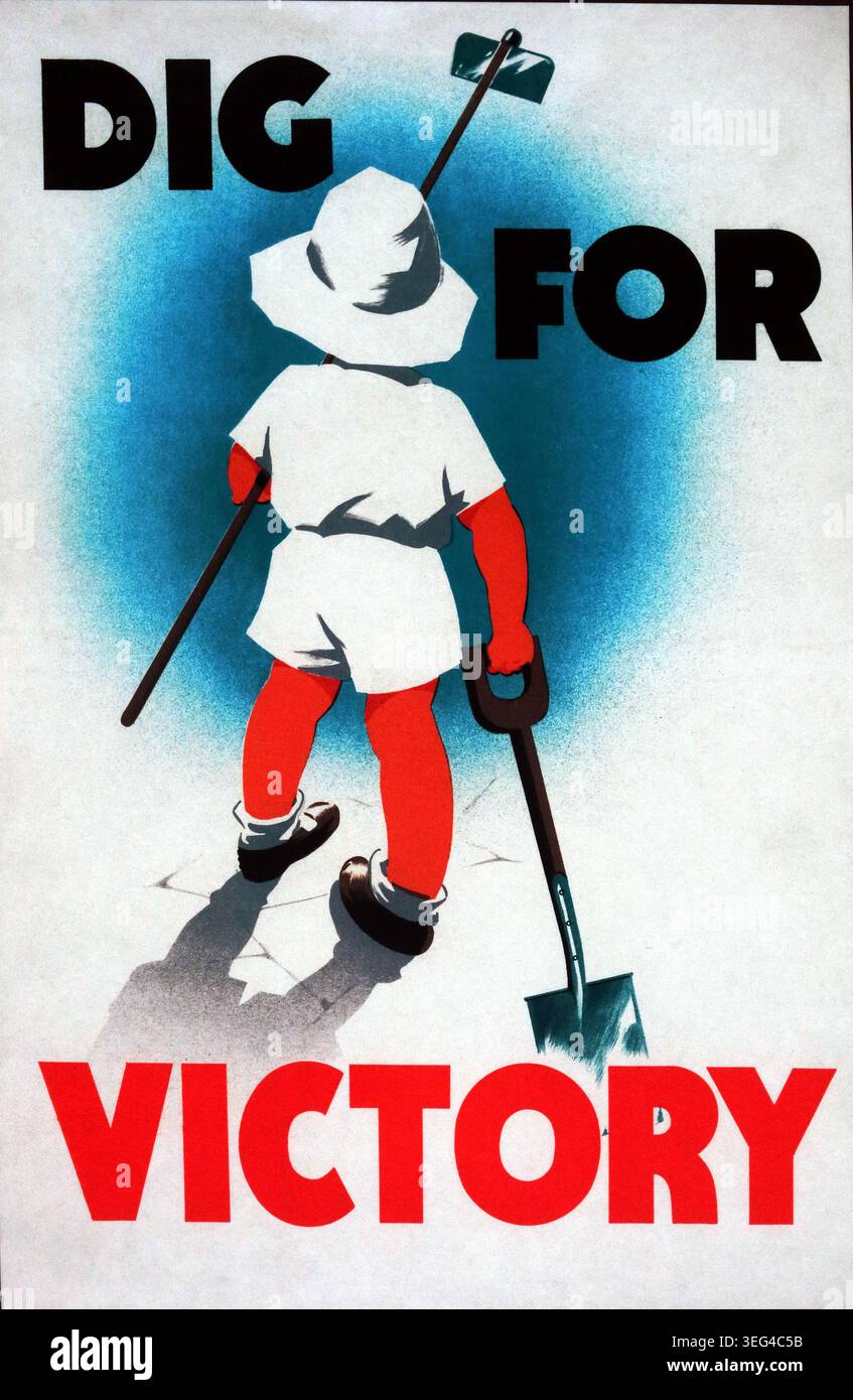 Dig for Victory British wartime propaganda poster encouraging home food production during the Second World War. Stock Photo