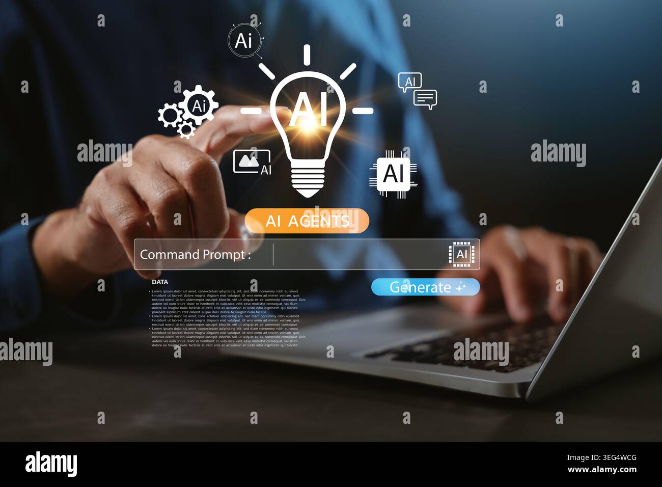 Idea generation using command prompt and virtual ai lightbulb icon allows user to generate smart automation content while using laptop computer to cre Stock Photo