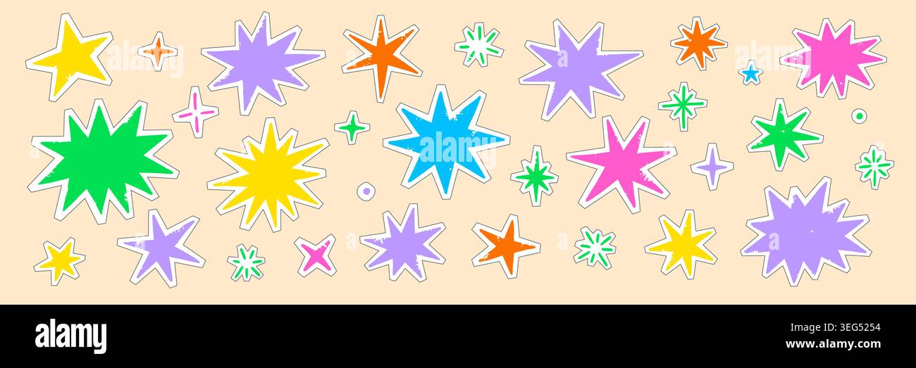 Star paper sticker element set. Hand drawn star cut collage doodle with grunge texture torn edge. Scrapbook journal note label yellow, green, pink burst aesthetic background. Vector illustration Stock Vector