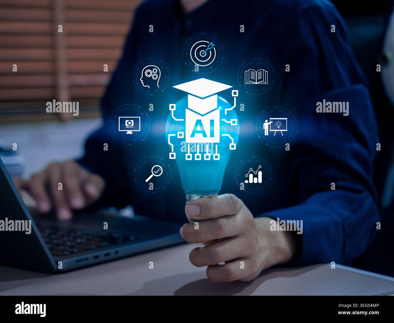 Artificial intelligence in education concept with smart learning interface and digital icons. Edtech innovation, online learning systems, knowledge de Stock Photo