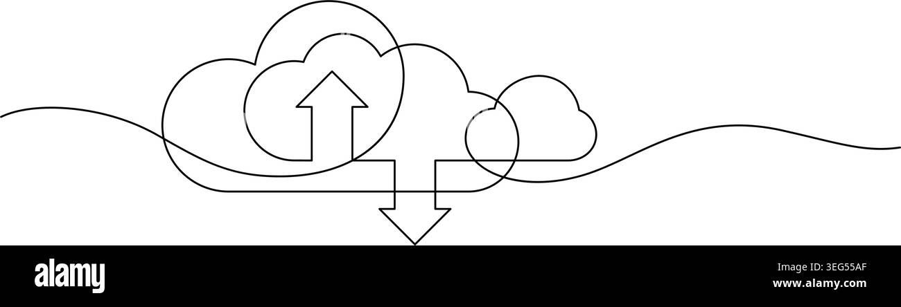 cloud computing technology synchronize one line drawing continuous minimalist copy space thin line illustration Stock Vector