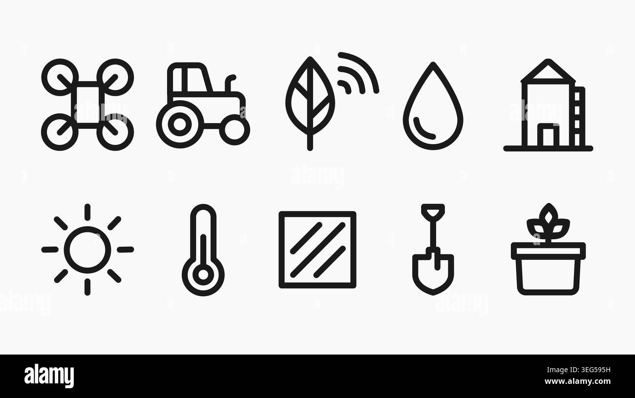 Outline icons showing smart farming, agritech, drones, tractors, and ...