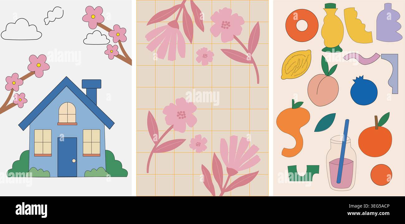 Collage of cute house, floral pattern, and fruit illustrations Stock Vector