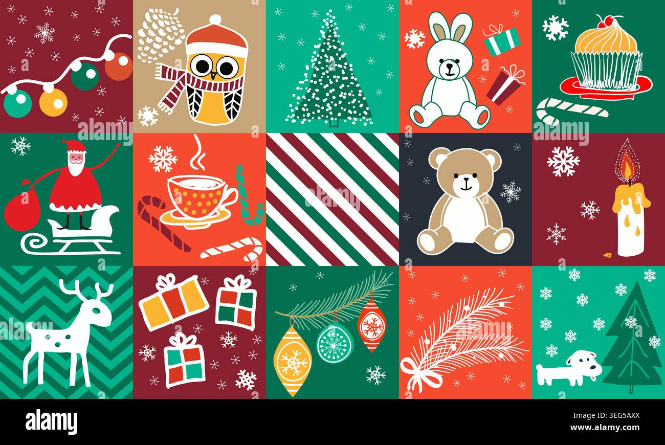 Christmas seamless pattern. Winter collage. Hand drawn winter background from doodle Christmas trees,  snowflakes, present box. Patchwork. Vector Stock Vector