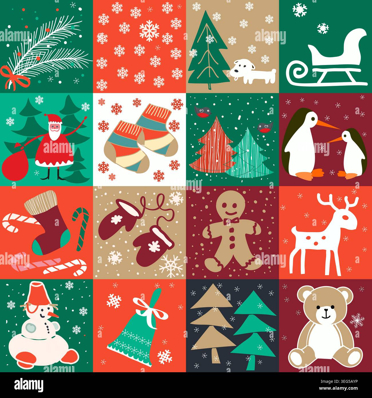 Christmas seamless pattern. Winter collage. Hand drawn winter background from doodle Christmas trees,  snowflakes, present box. Patchwork. Vector Stock Vector