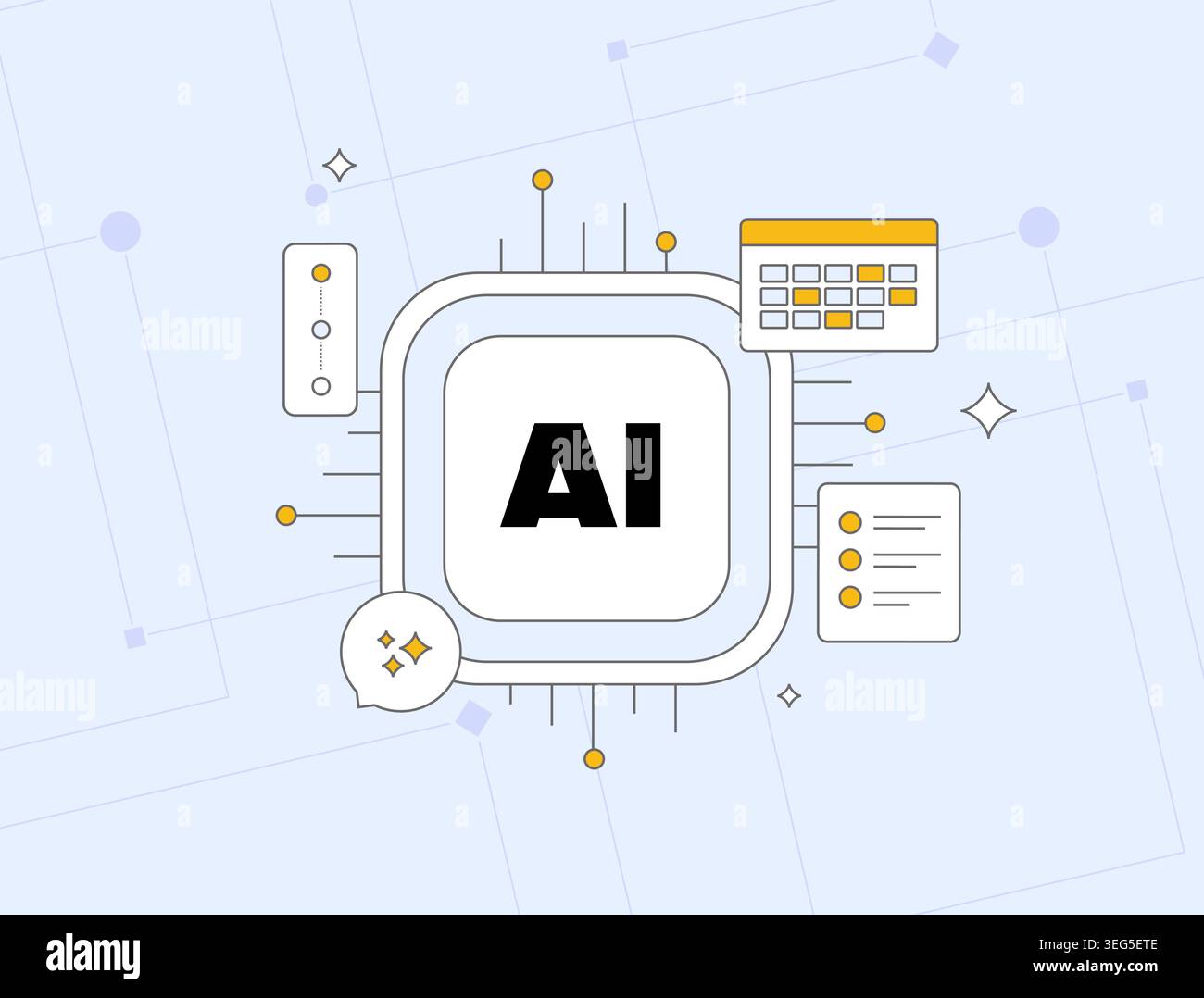 AI chip interface with machine learning system, neural computing architecture and automation controls. Artificial intelligence processing technology vector illustration. Stock Vector