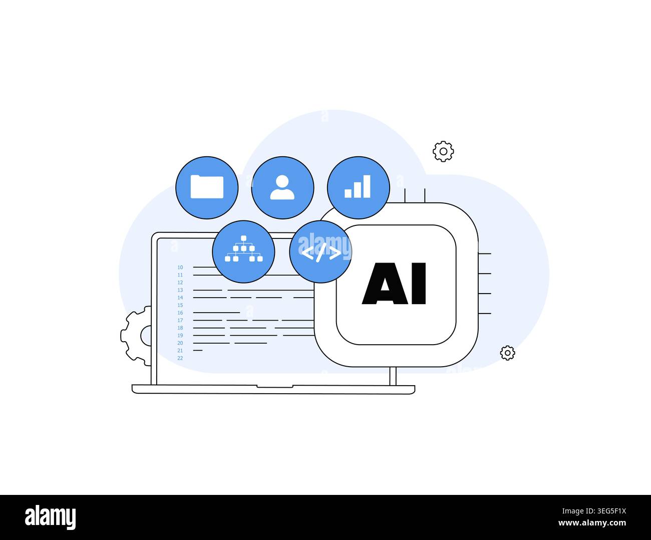 Agentic AI development dashboard with coding automation, machine learning workflow and software engineering interface. Vibe coding and AI assistant technology vector illustration. Stock Vector