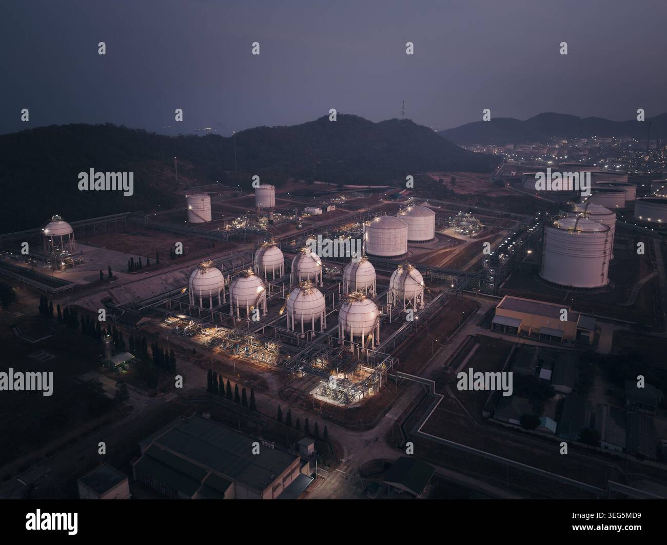 High angle perspective of an industrial petrochemical plant featuring ...
