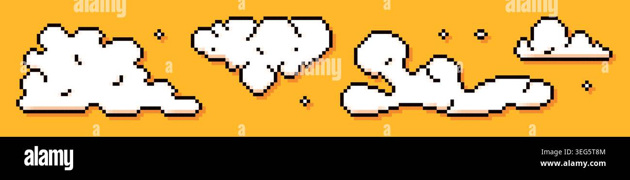 Four pixel game art white clouds on yellow background. Stock Vector