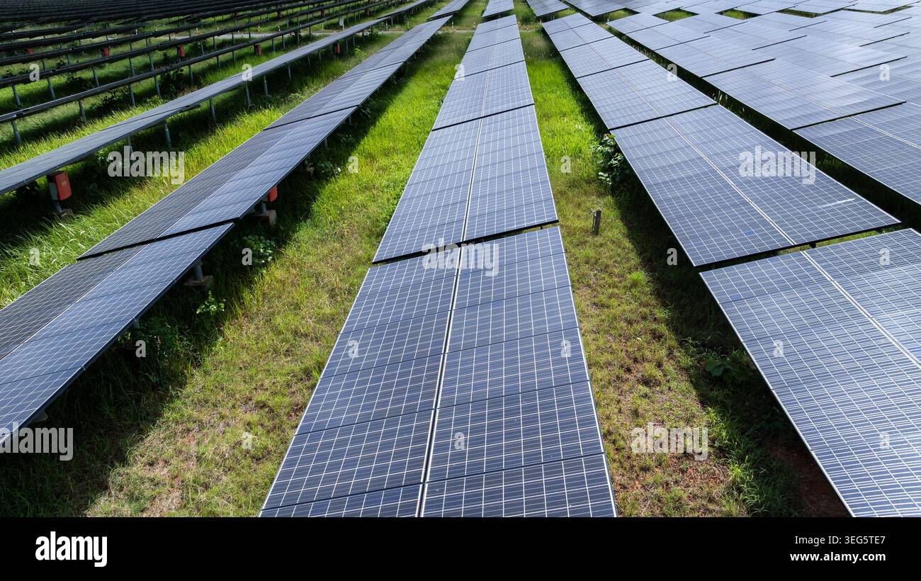 An aerial view of extensive solar panel arrays in a green field ...