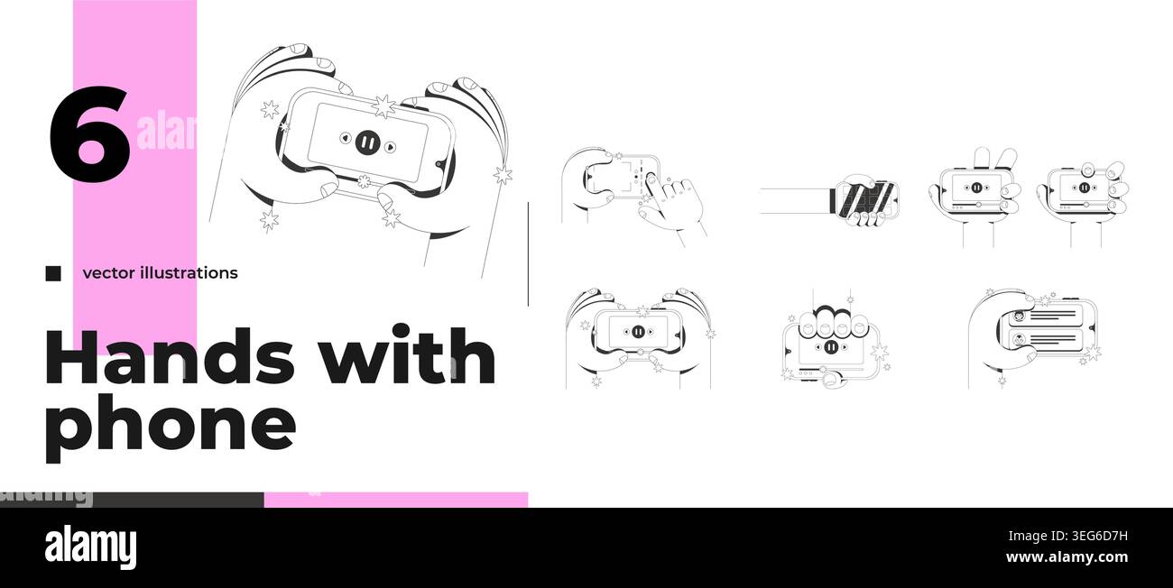 Various phone gestures line neo brutalism tutorial graphic pack Stock Vector