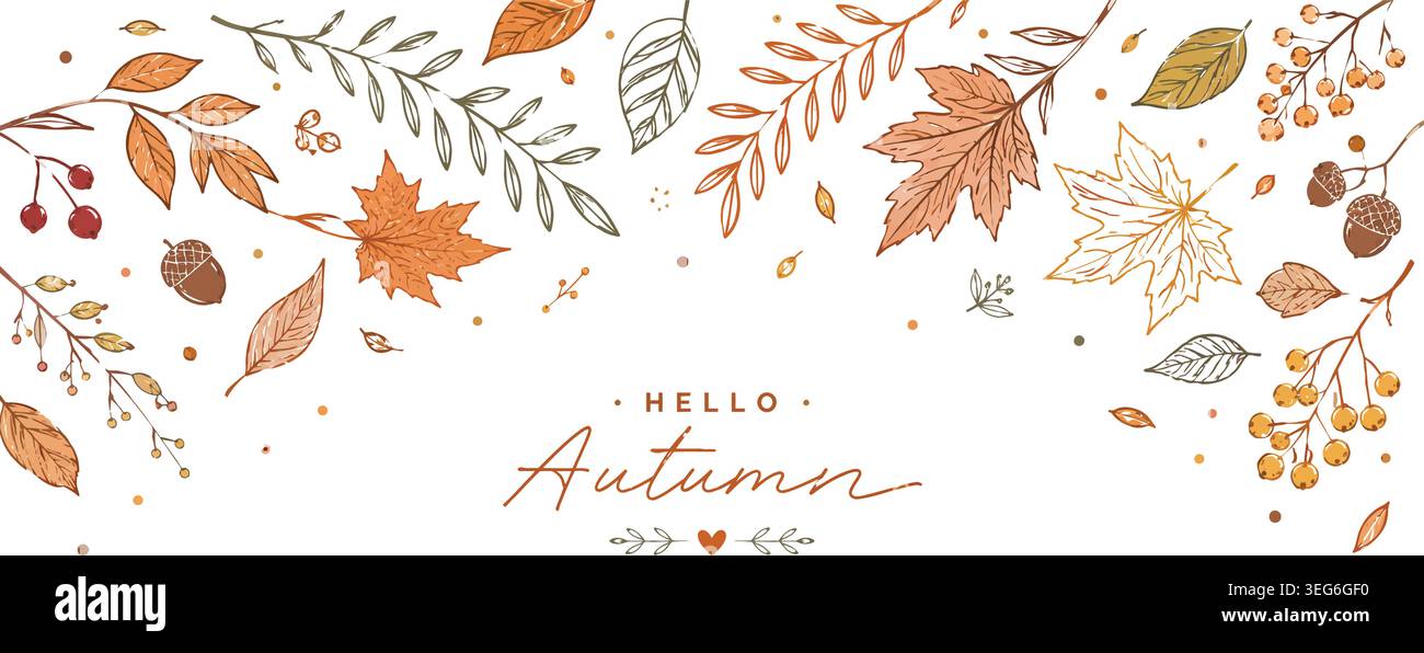 Hello Autumn Hand Drawn Leaf Border Vector Banner Stock Vector