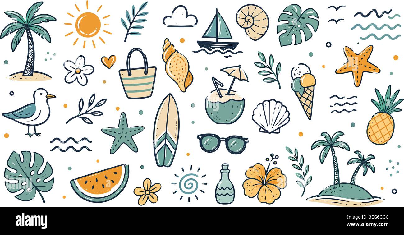 Hand Drawn Summer Beach Doodles Vector Elements Set Stock Vector