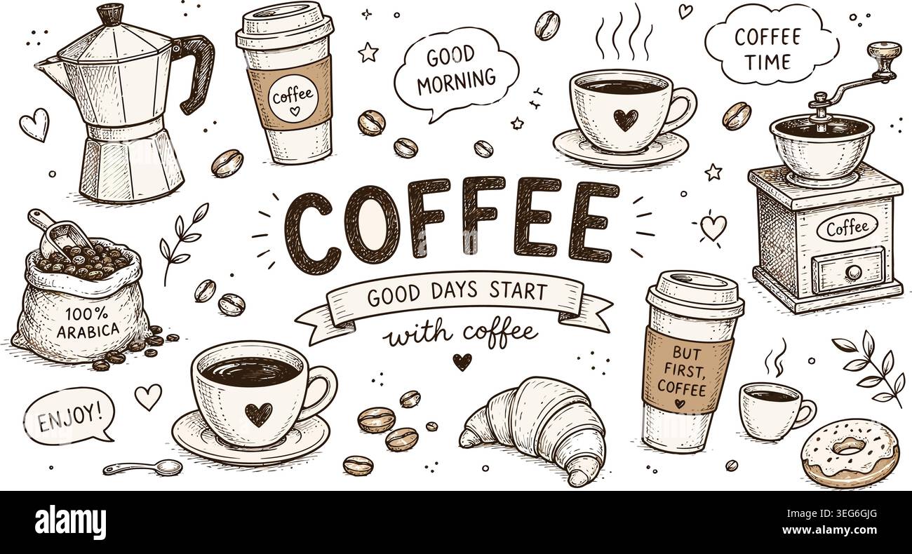 Hand-Drawn Coffee Shop and Bakery Doodle Element Set Stock Vector