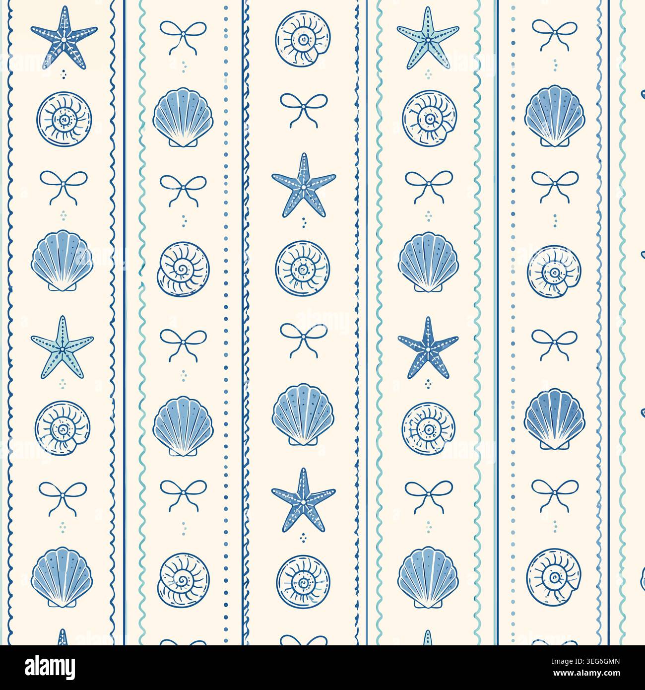 Nautical Blue Seashell and Starfish Stripe Seamless Pattern Stock Vector