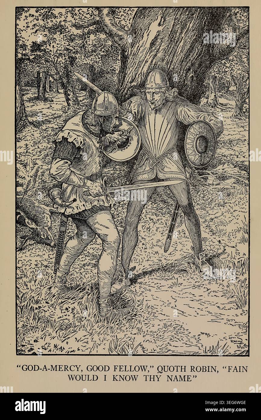 Louis Rhead Knight Robin Hood locked in a fierce sword duel with a shielded knight amid ...