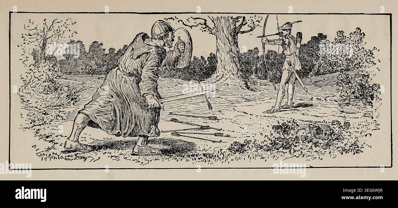 Legendary outlaw Robin Hood drawing his bow, aiming at Friar Tuck who ...