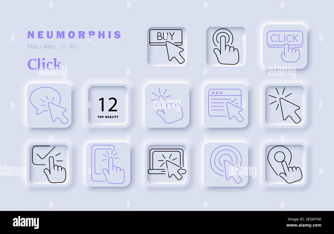 Click interface set icon. Cursor hand tap button pointer check location press interaction minimal neumorphic outline style soft shadow UI design. Stock Vector