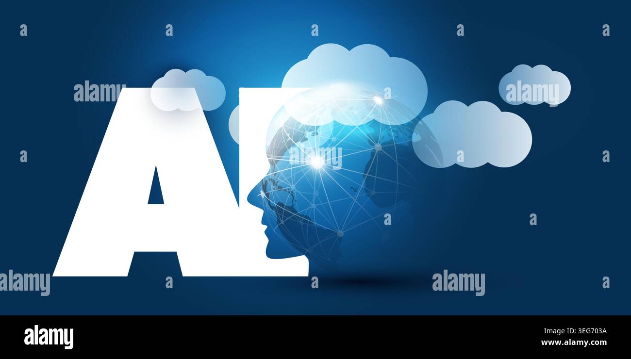Blue Machine Learning, Artificial Intelligence, Cloud Computing and Global Networks Concept with Earth Globe, Humanoid Robot Face Profile, Earth Globe Stock Vector