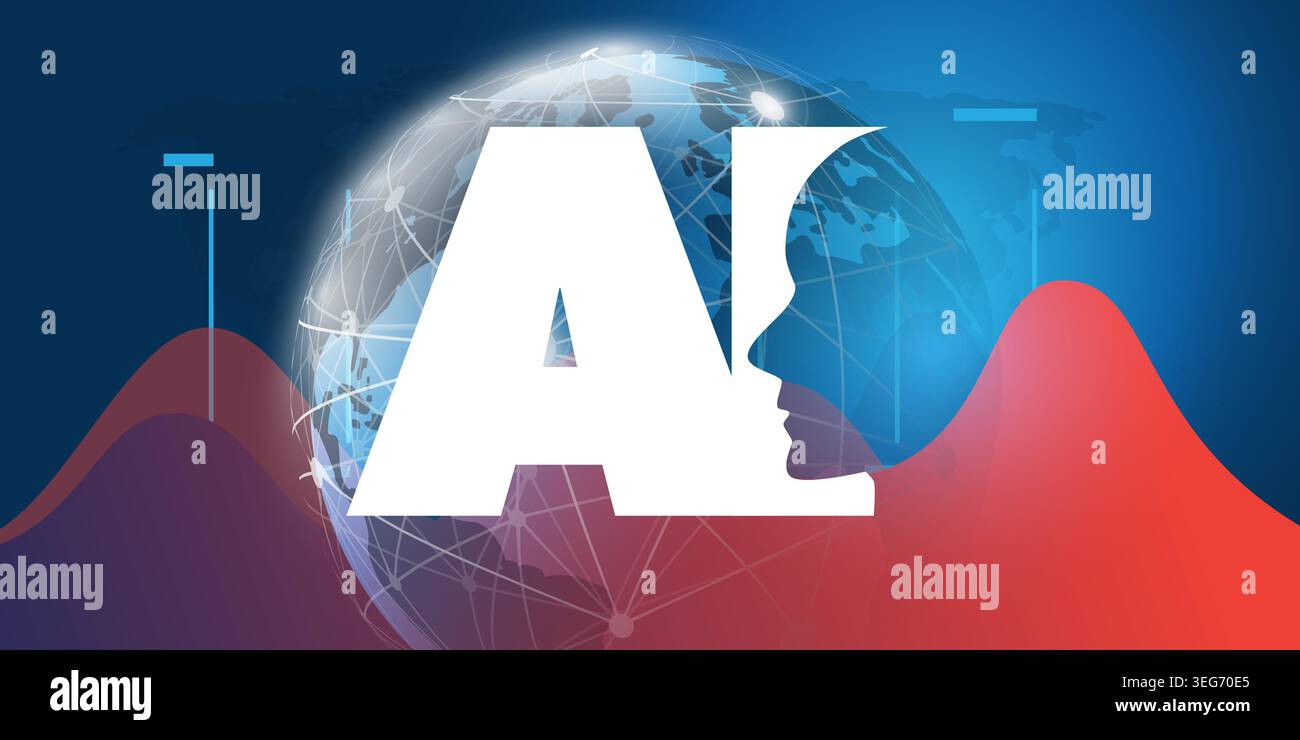 Blue Machine Learning, Artificial Intelligence, Cloud Computing and Global Networks Design with Earth Globe, Global Network Mesh, Charts and Humanoid Stock Vector