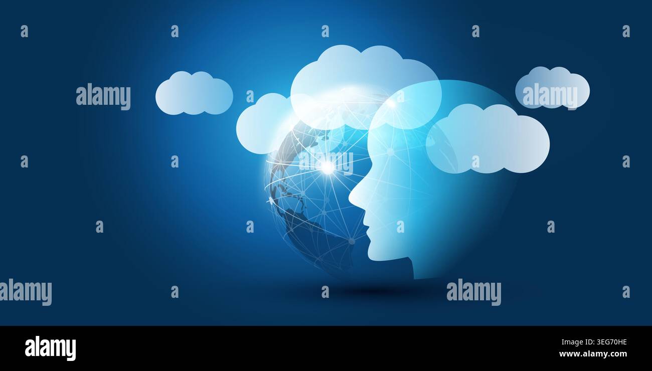 Blue Machine Learning, Artificial Intelligence, Cloud Computing and Global Networks Concept with Earth Globe, Humanoid Robot Face Profile, Earth Globe Stock Vector